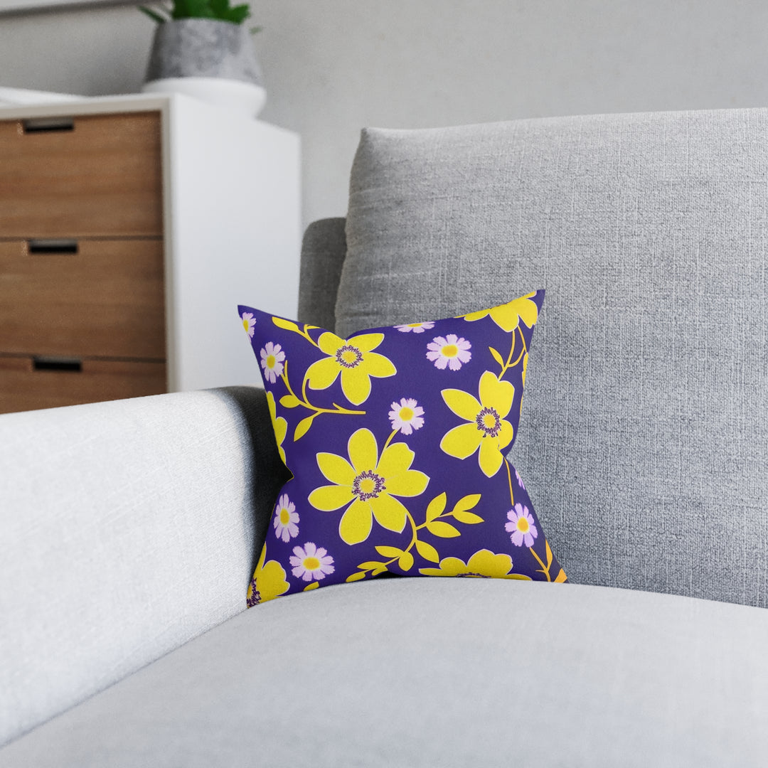 Yellow  Flowers, on navy Square Pillow - Pink Back