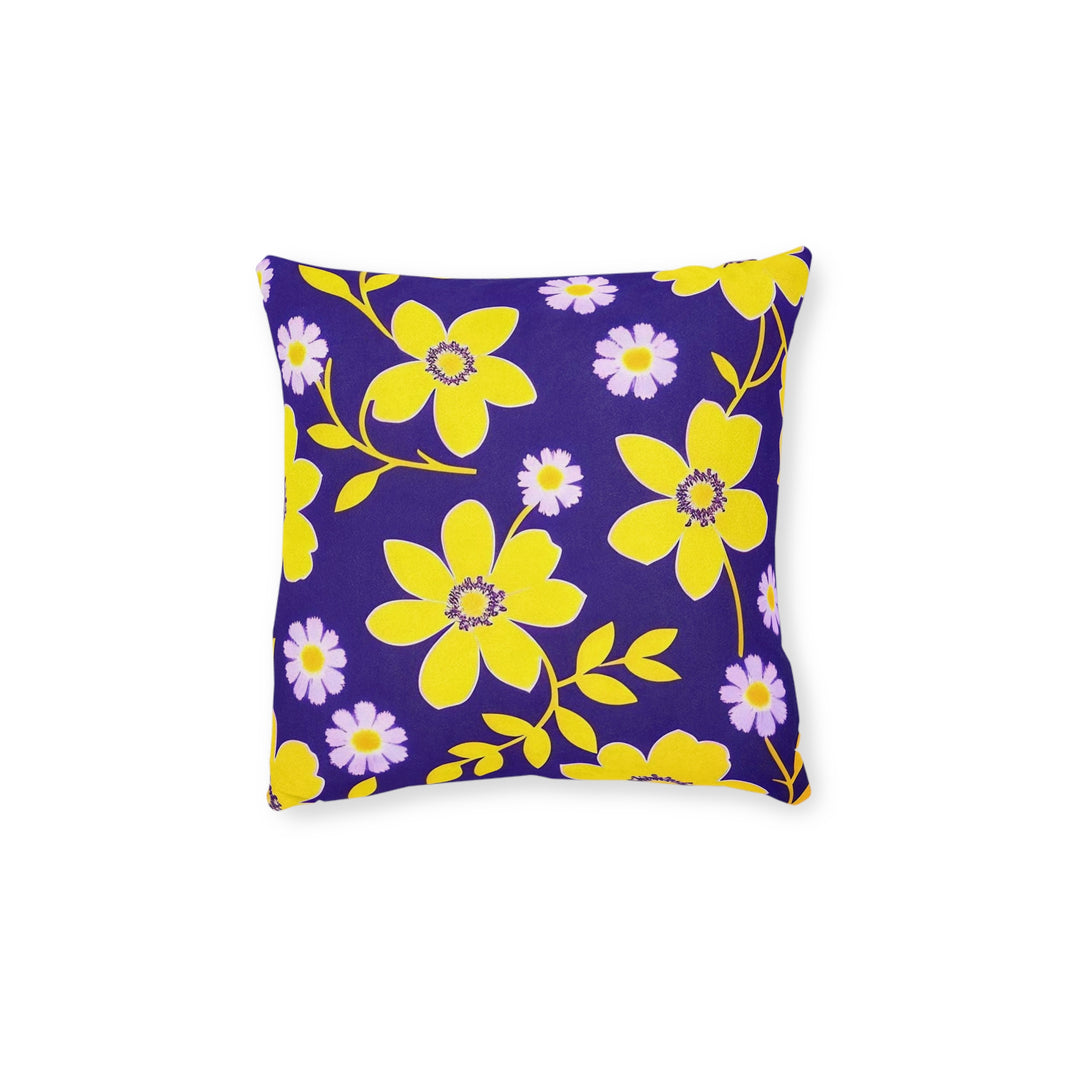 Yellow  Flowers, on navy Square Pillow - Pink Back