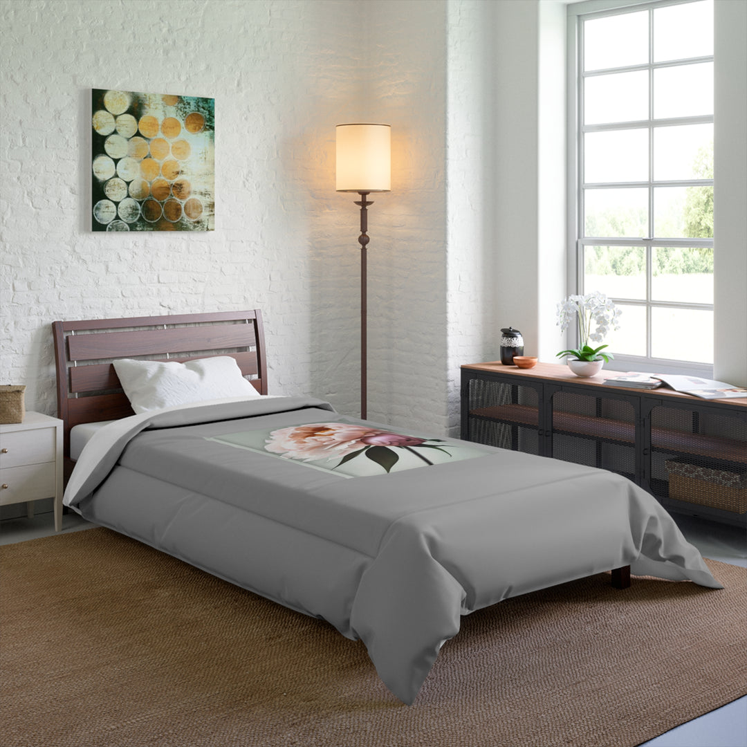 Copy of Peach Peonies Style 3 on Mint, light grey border Comforter