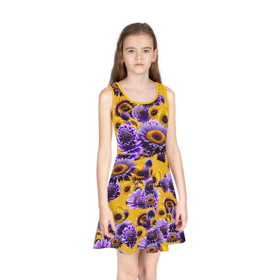 Purple flowers on yellow Girls' Sleeveless Sundress (AOP)