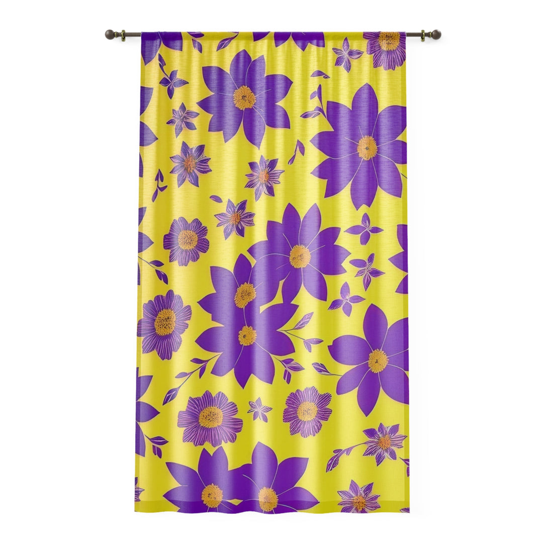 Purple Flowers on Yellow Window Curtain
