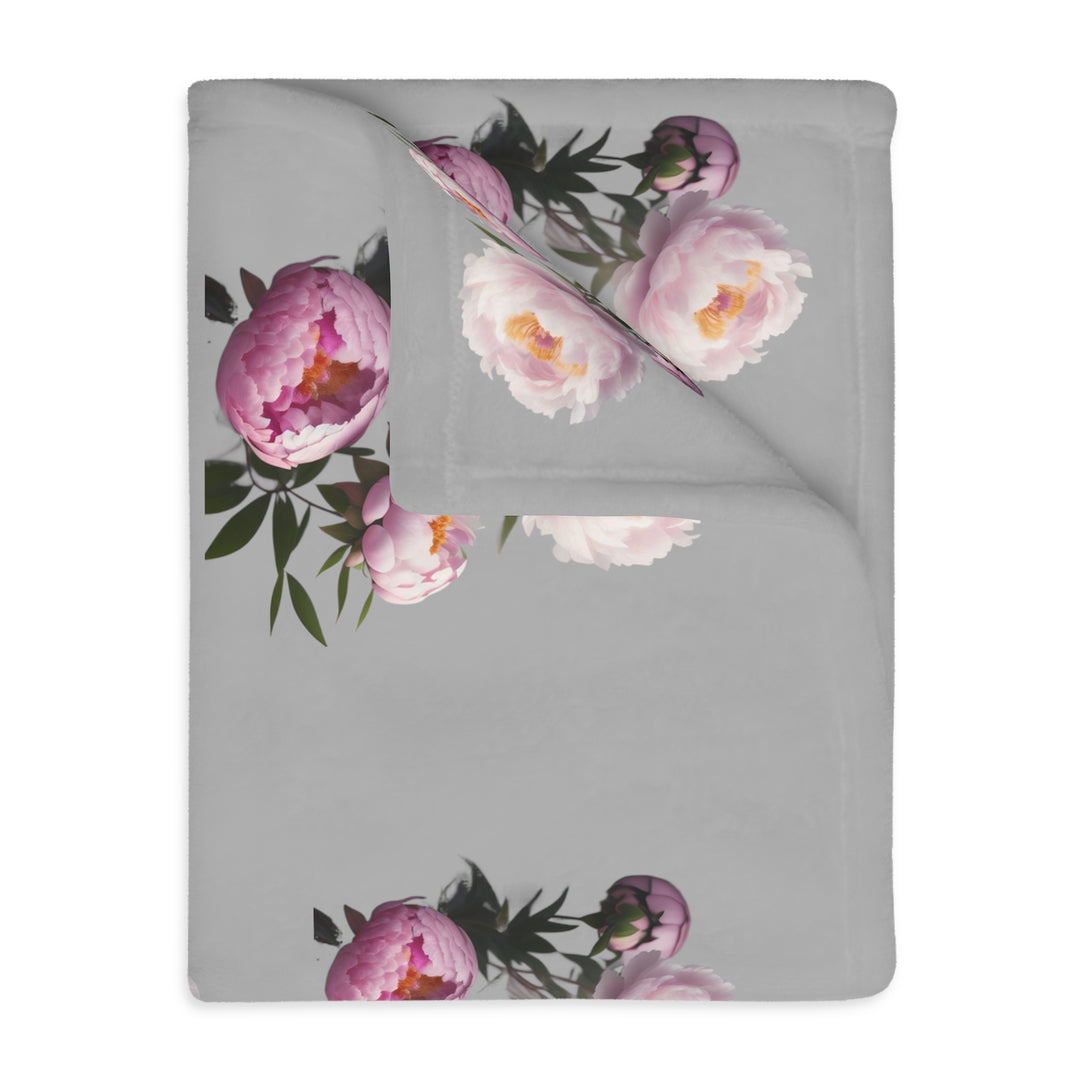 Peony Bouquet on Grey Velveteen Minky Blanket (Two-sided print)