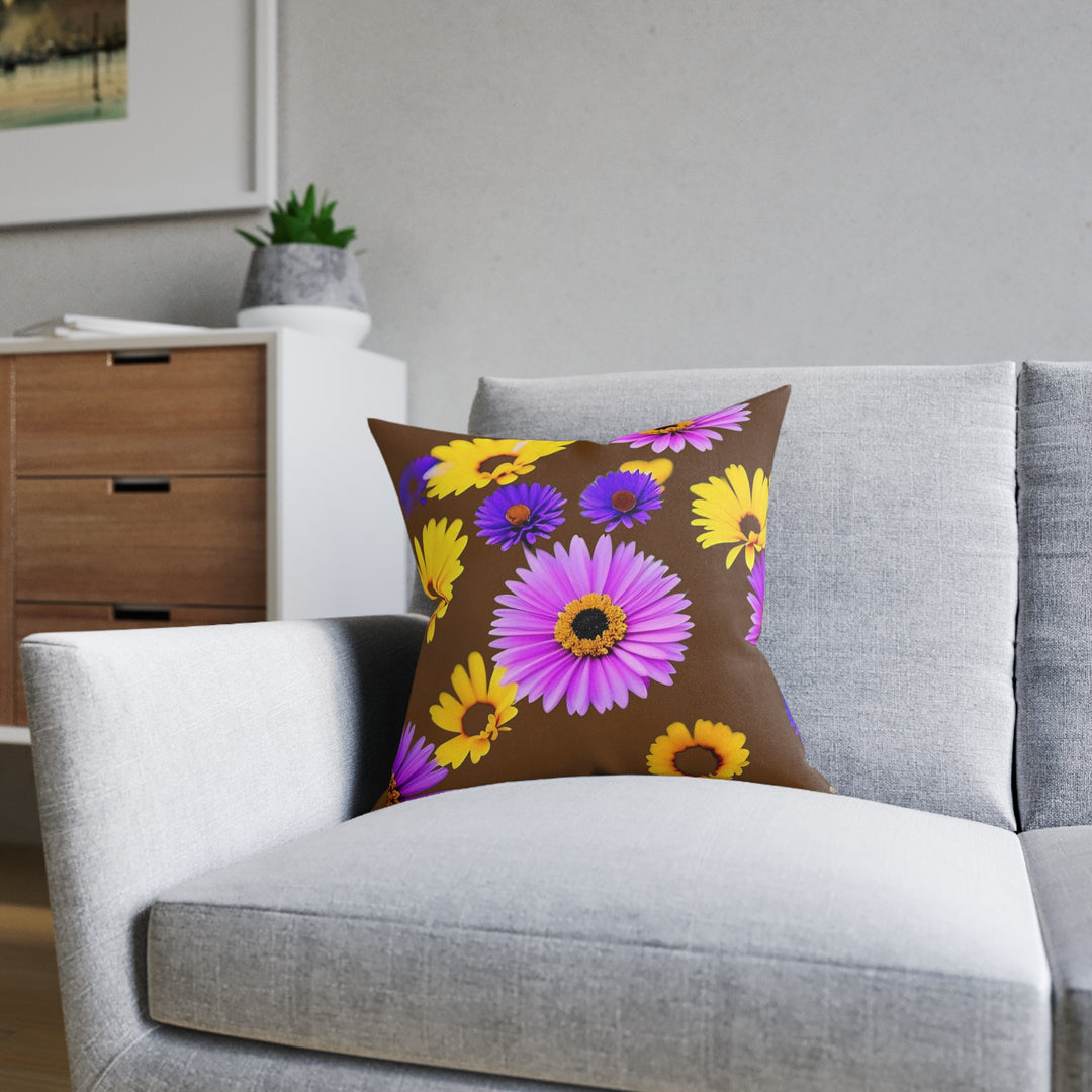 Le fleur on Brown , Square Pillow - Pink Back