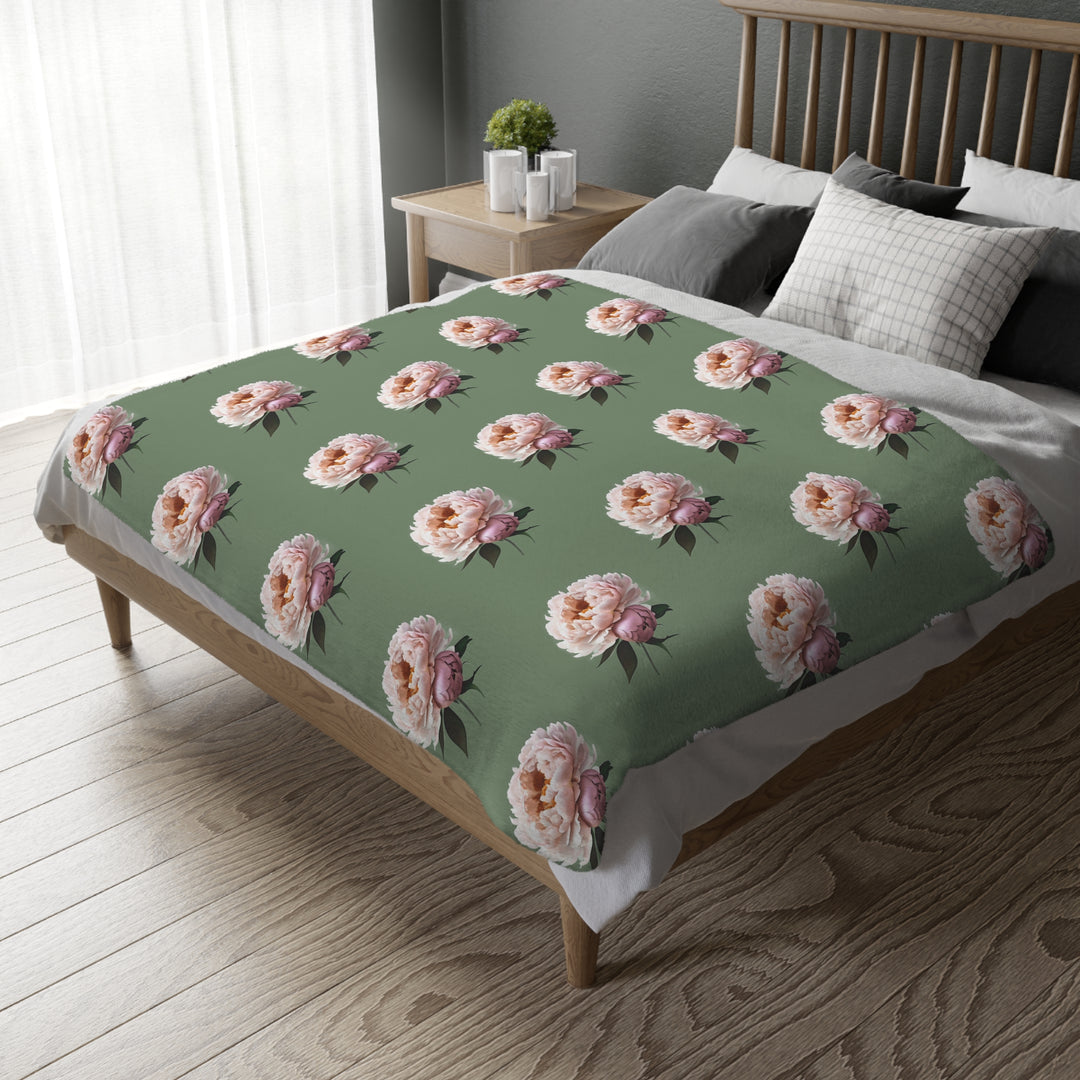 Peach Peony on 1886 Green Velveteen Minky Blanket (Two-sided print)