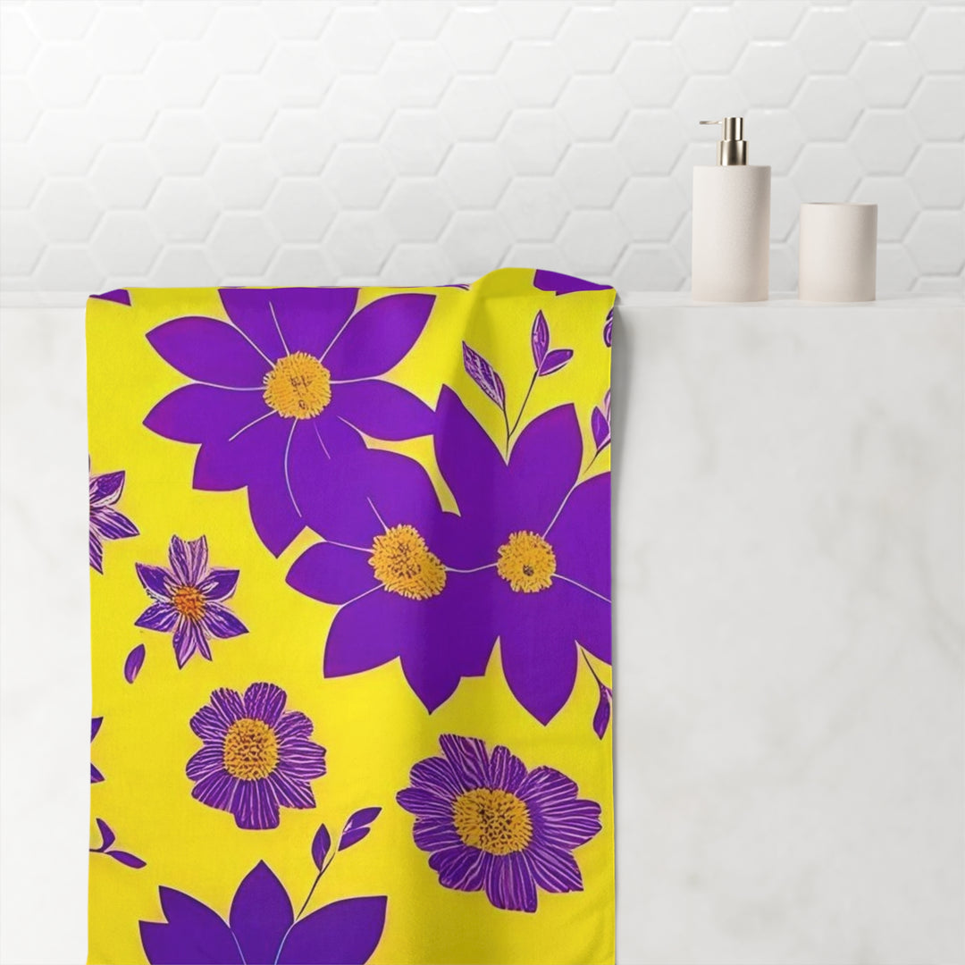Purple Flowers on Yellow  Mink-Cotton Towel