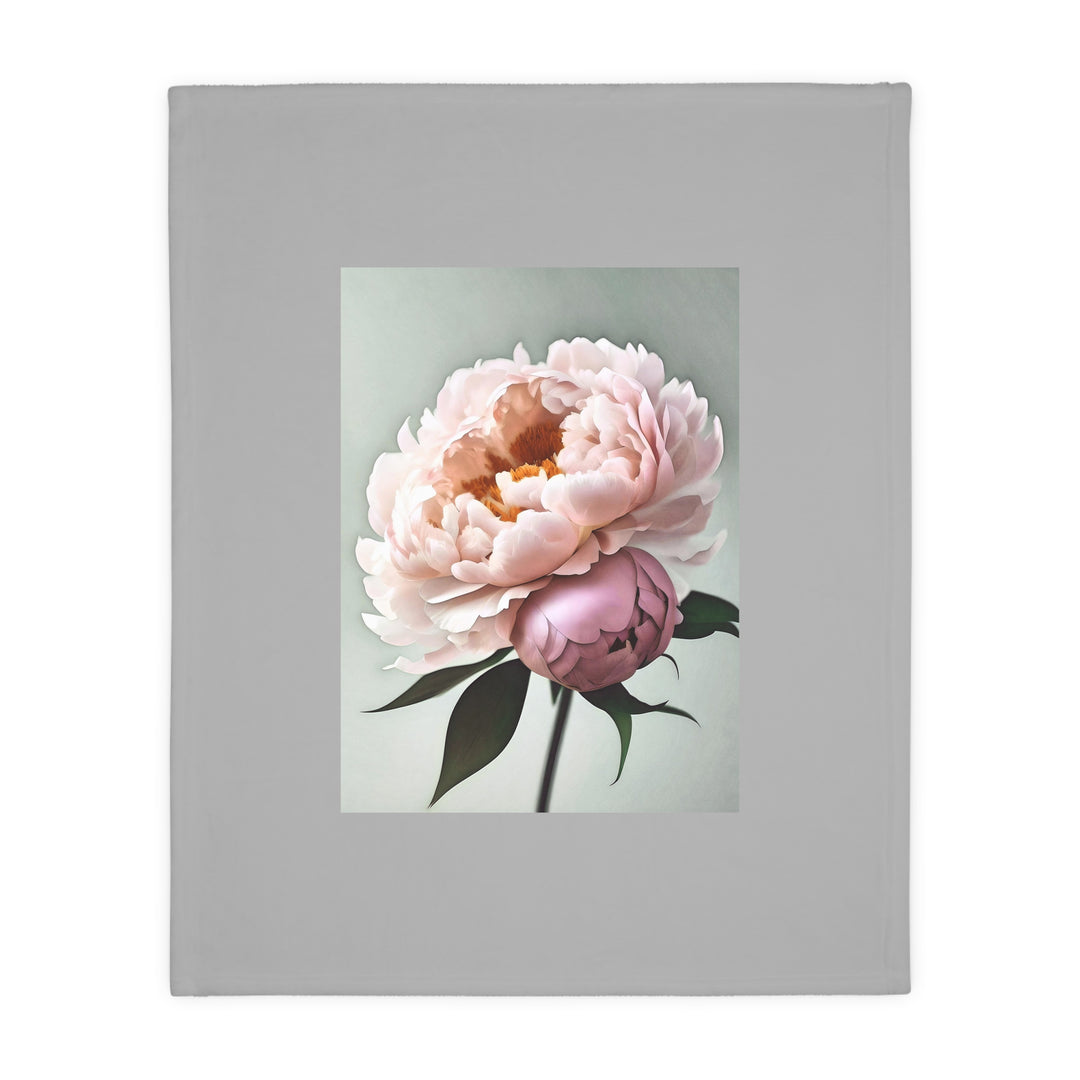 Peach Peony on Mint, grey border Velveteen Minky Blanket (Two-sided print)