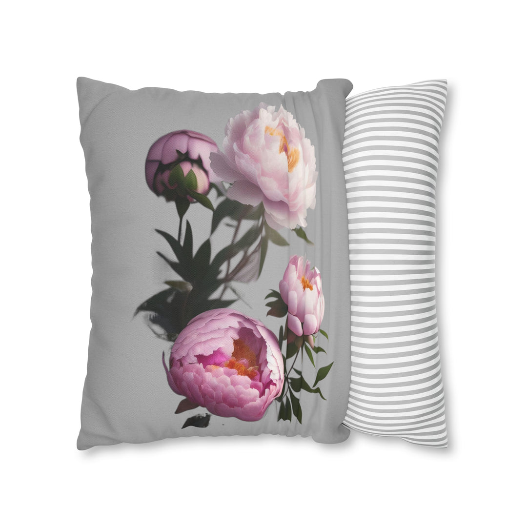 Peony Bouquet on Grey Spun Polyester Square Pillow Case