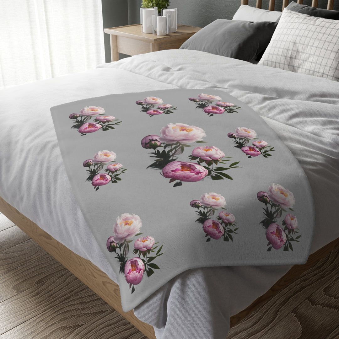 Peony Bouquet on Grey Velveteen Minky Blanket (Two-sided print)