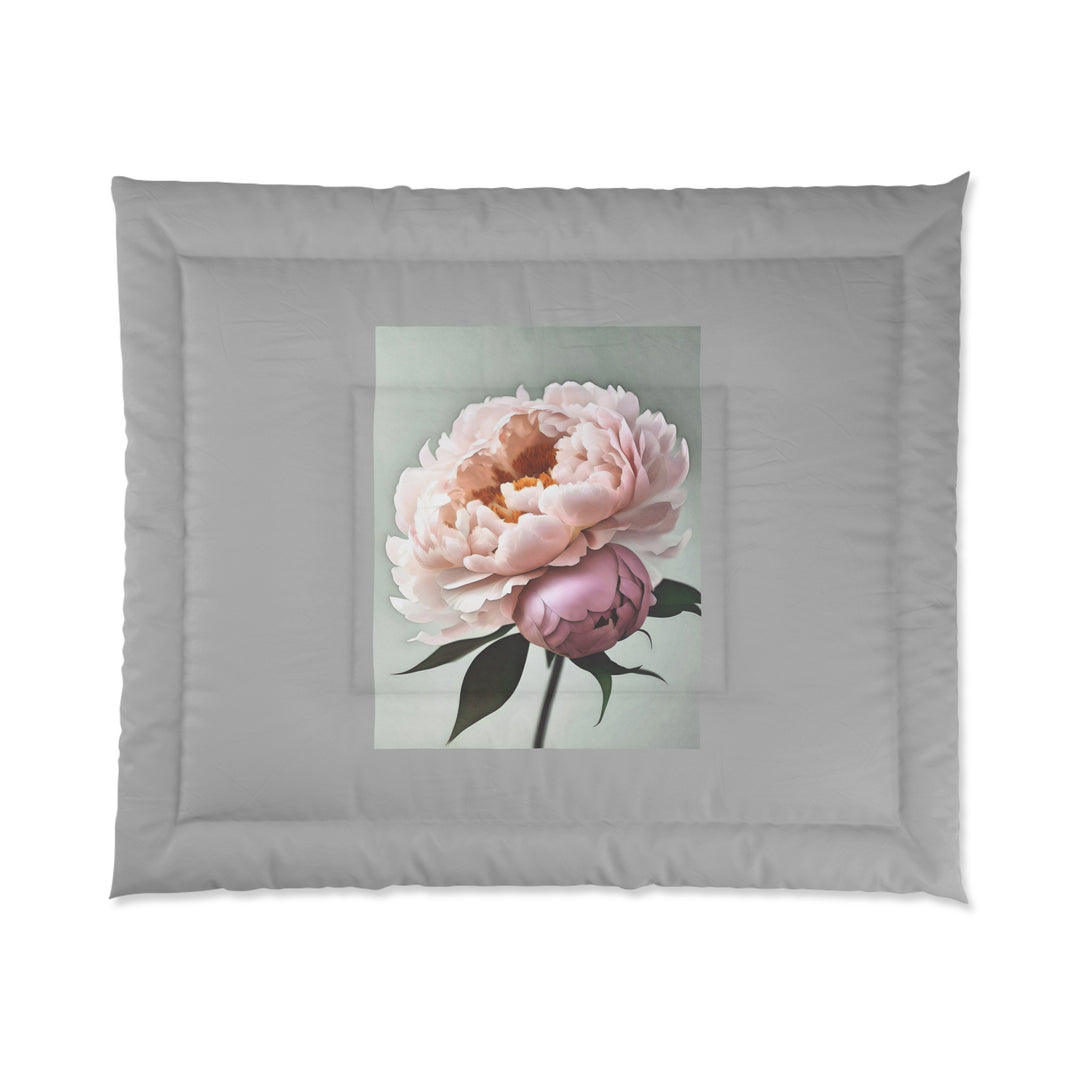 Copy of Peach Peonies Style 3 on Mint, light grey border Comforter