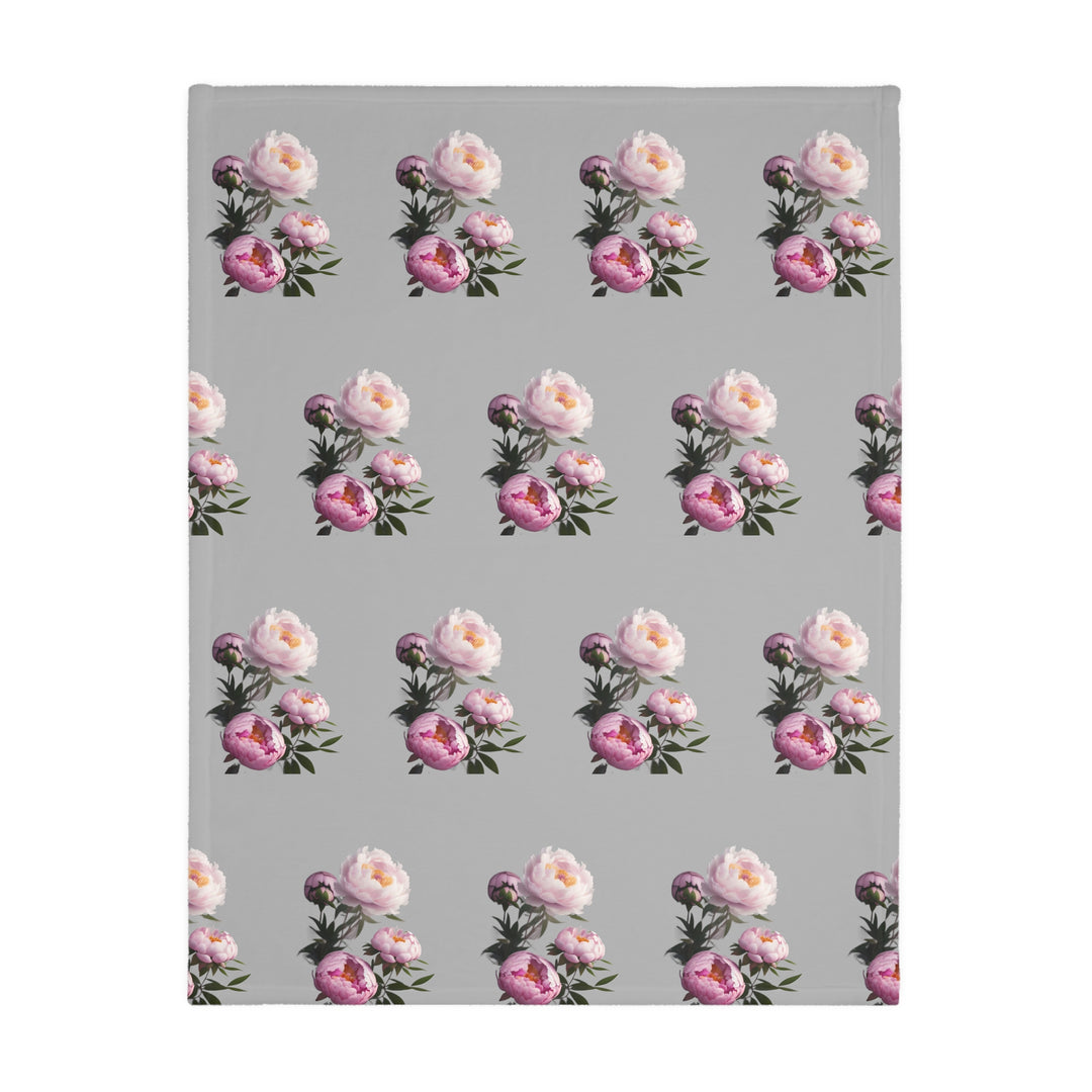 Peony Bouquet on Grey Velveteen Minky Blanket (Two-sided print)