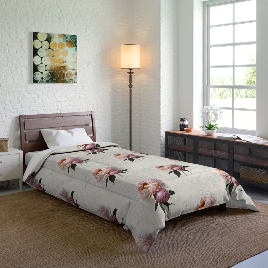 Peach Peony on cream Comforter