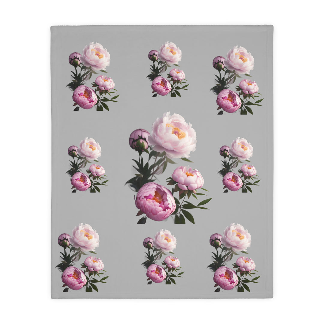 Peony Bouquet on Grey Velveteen Minky Blanket (Two-sided print)