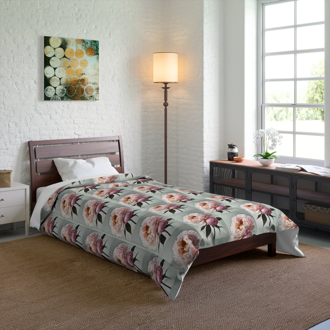 Peach Peonies on Mint Comforter