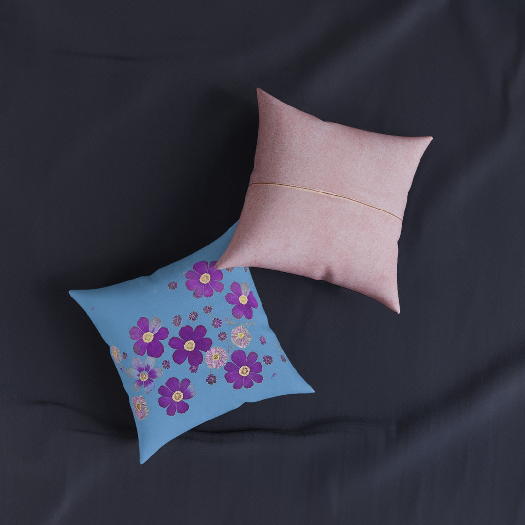 Blue &Purple Flowers, Square Pillow - Pink Back