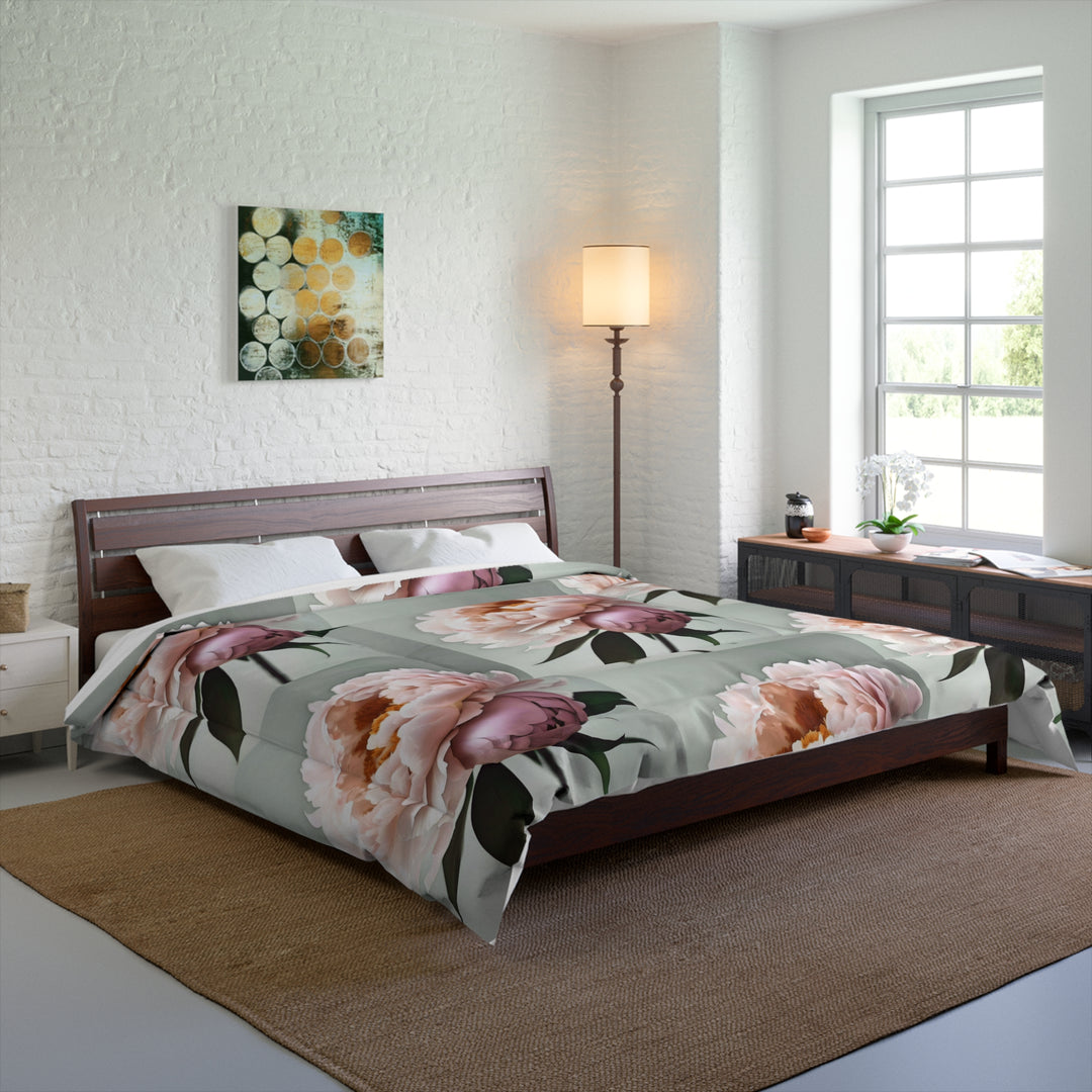 Peach Peonies Style 2 on Mint Comforter