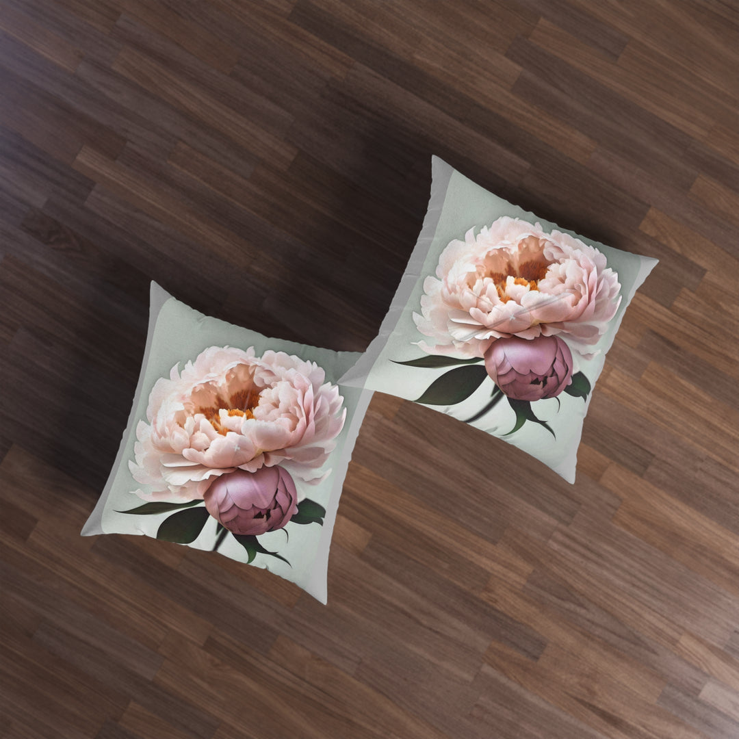 Peach Peonies on mint with grey edges Tufted Floor Pillow, Square