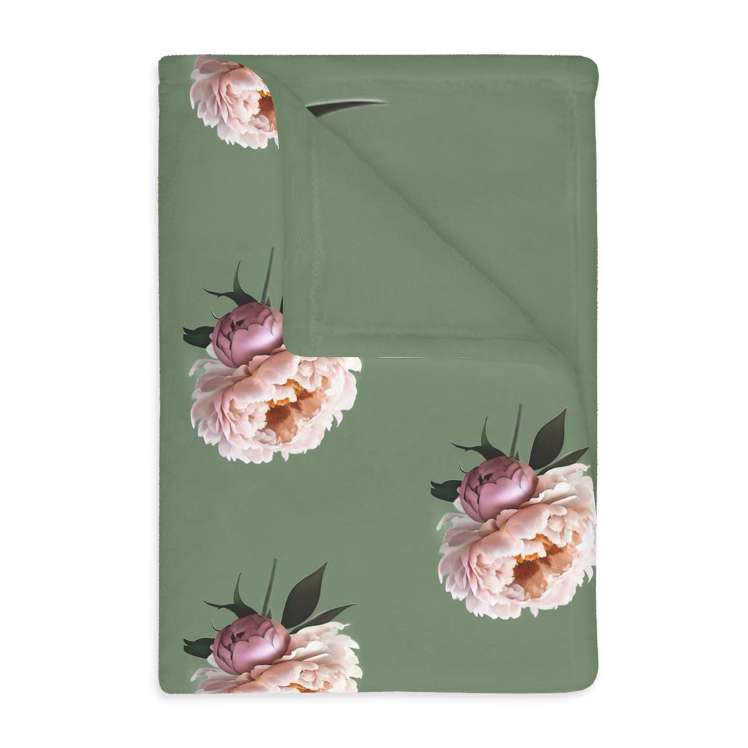 Peach Peony on 1886 Green Velveteen Minky Blanket (Two-sided print)