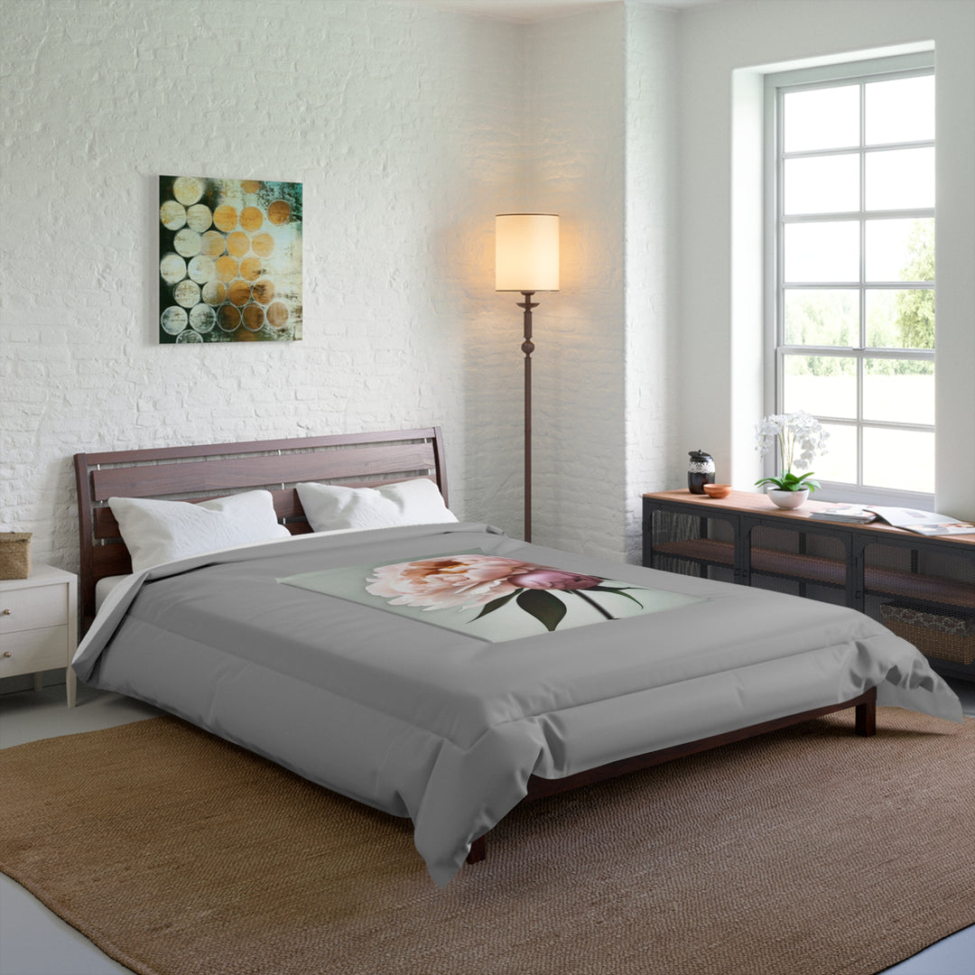 Copy of Peach Peonies Style 3 on Mint, light grey border Comforter