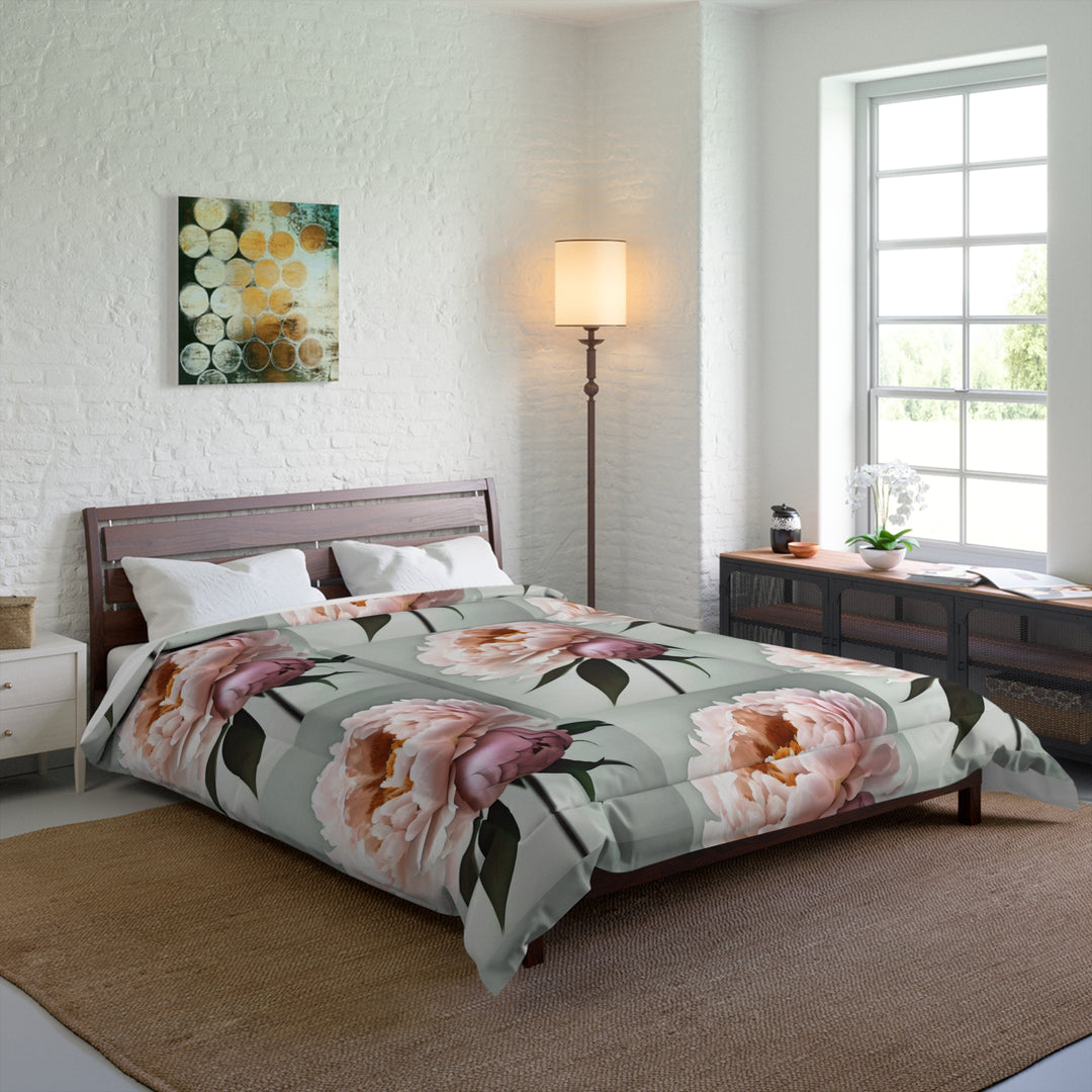 Peach Peonies Style 2 on Mint Comforter