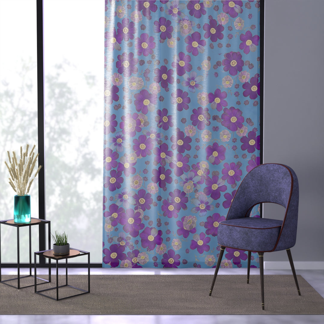 Purple Le Fleur  on Light Blue Sheer Window Curtain