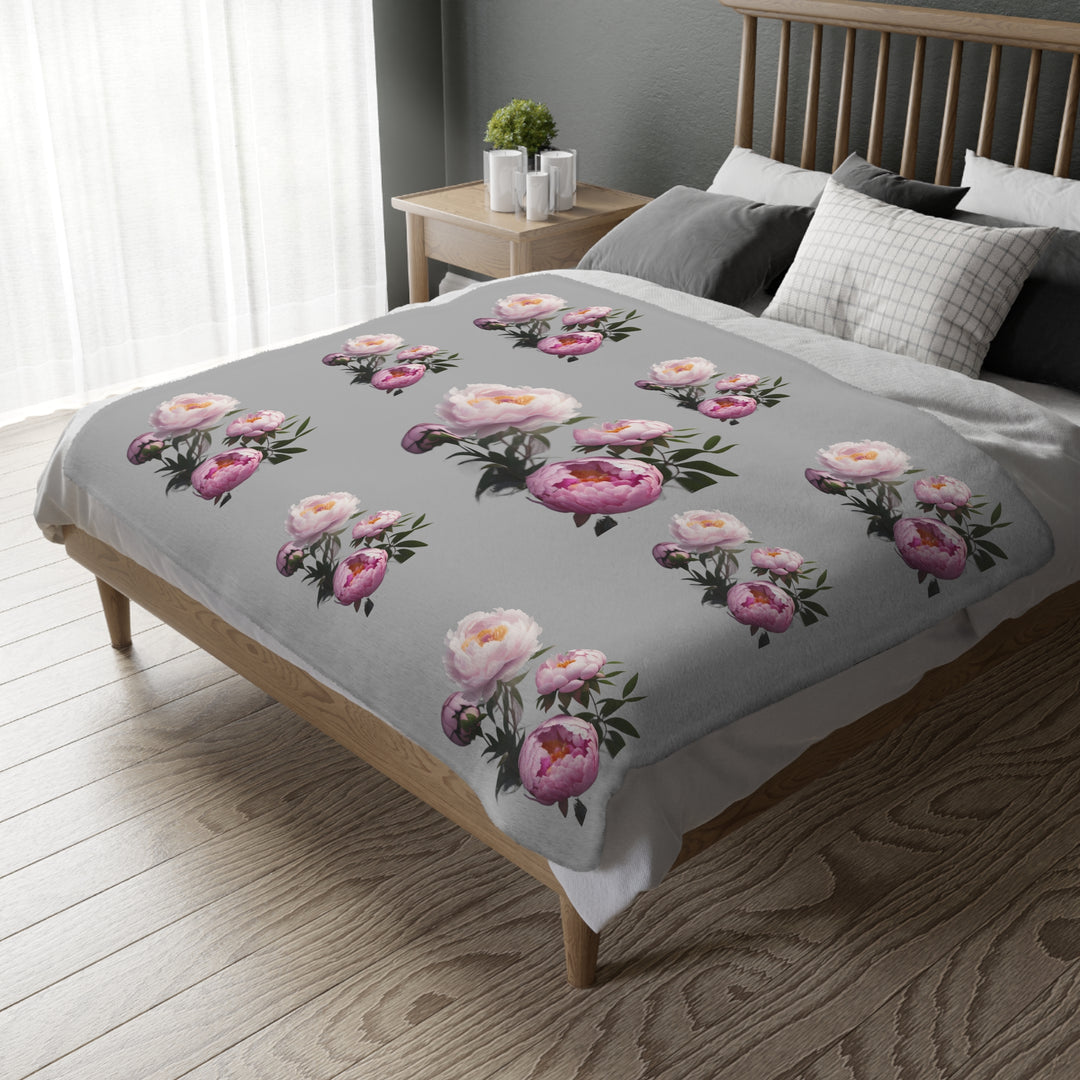Peony Bouquet on Grey Velveteen Minky Blanket (Two-sided print)