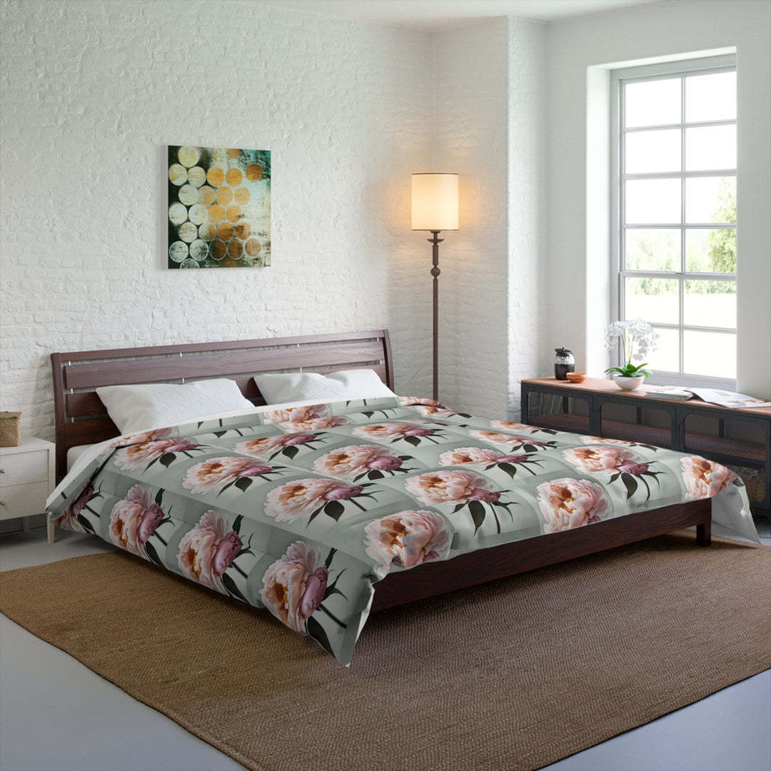Peach Peonies on Mint Comforter