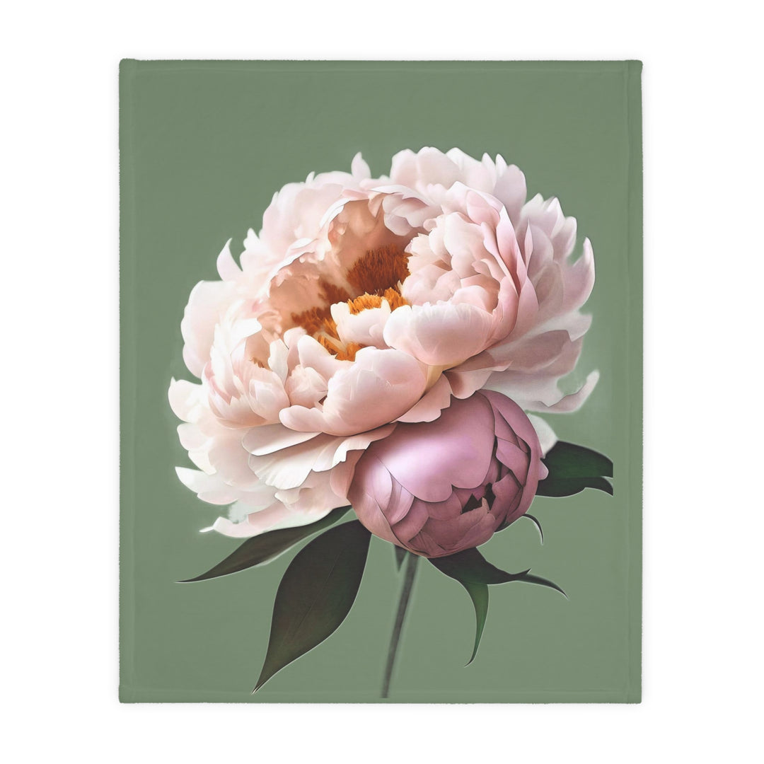 Peach Peony on 1886 Green Velveteen Minky Blanket (Two-sided print)